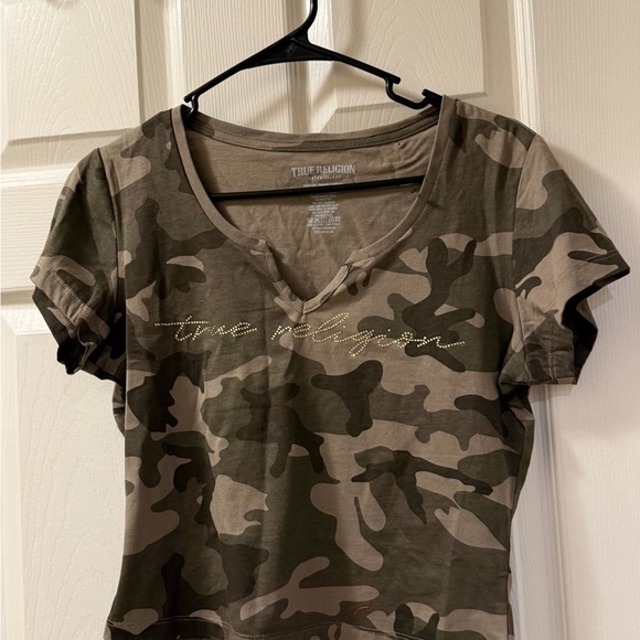 True Religion Tops - True Religion Olive Camo Scoop-Neck Tee with Rhinestone Logo